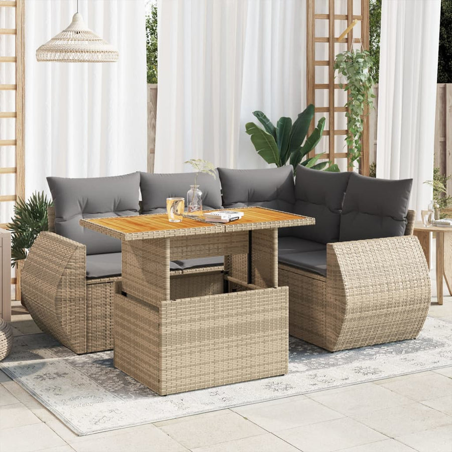 5-delige Loungeset met kussens poly rattan beige