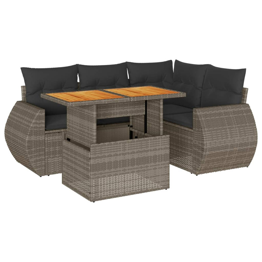 5-delige Loungeset met kussens poly rattan grijs