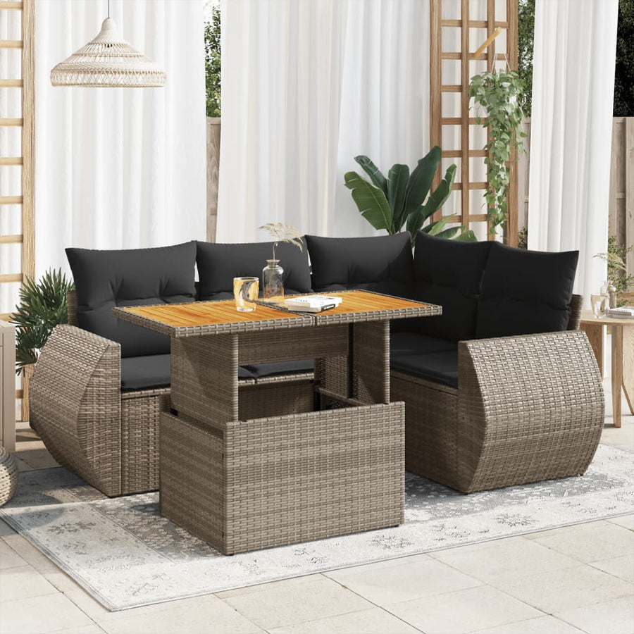5-delige Loungeset met kussens poly rattan grijs