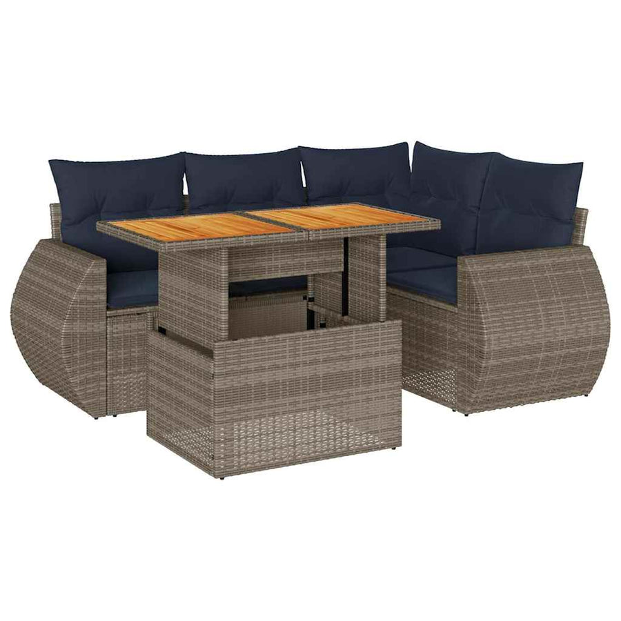 5-delige Loungeset met kussens poly rattan grijs