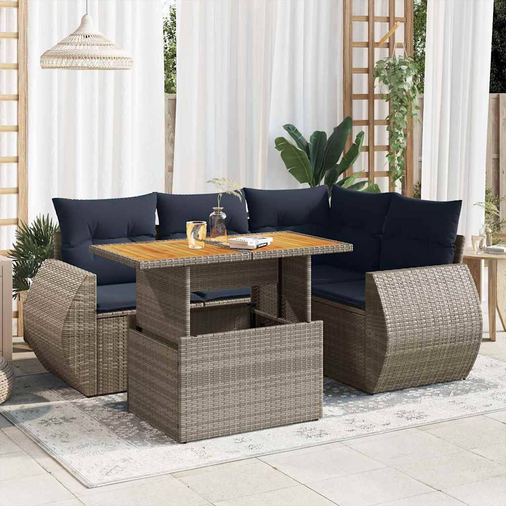 5-delige Loungeset met kussens poly rattan grijs