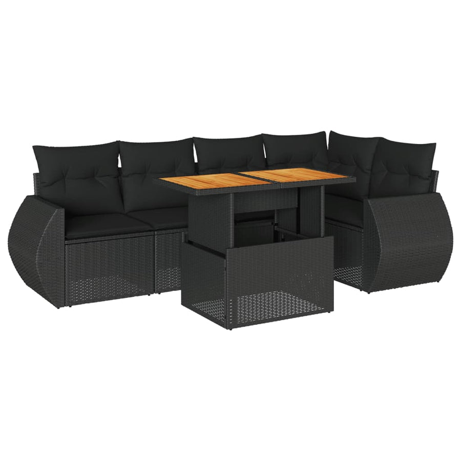 6-delige Loungeset met kussens poly rattan zwart