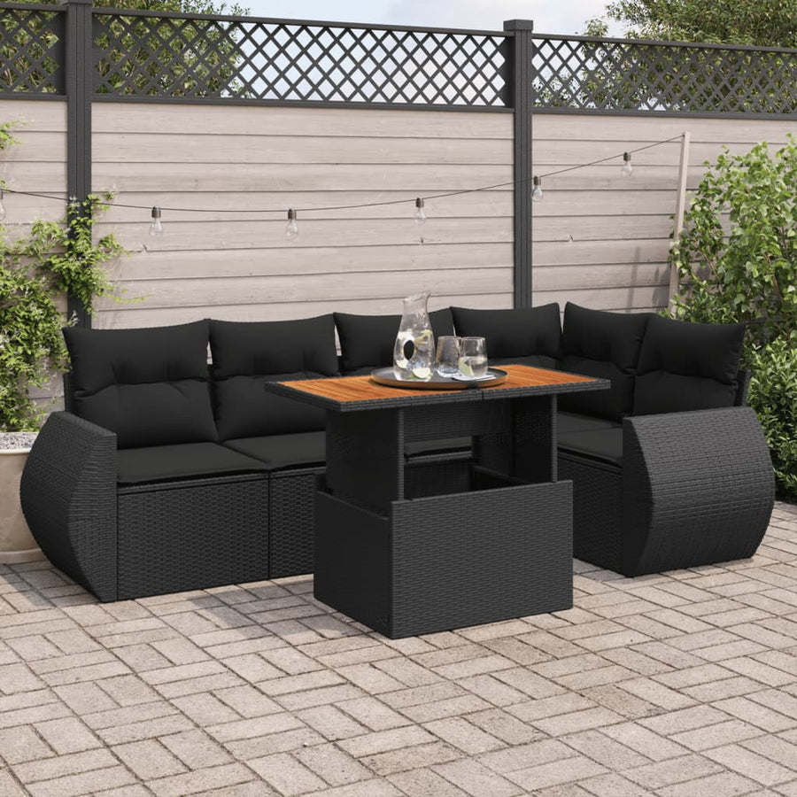 6-delige Loungeset met kussens poly rattan zwart
