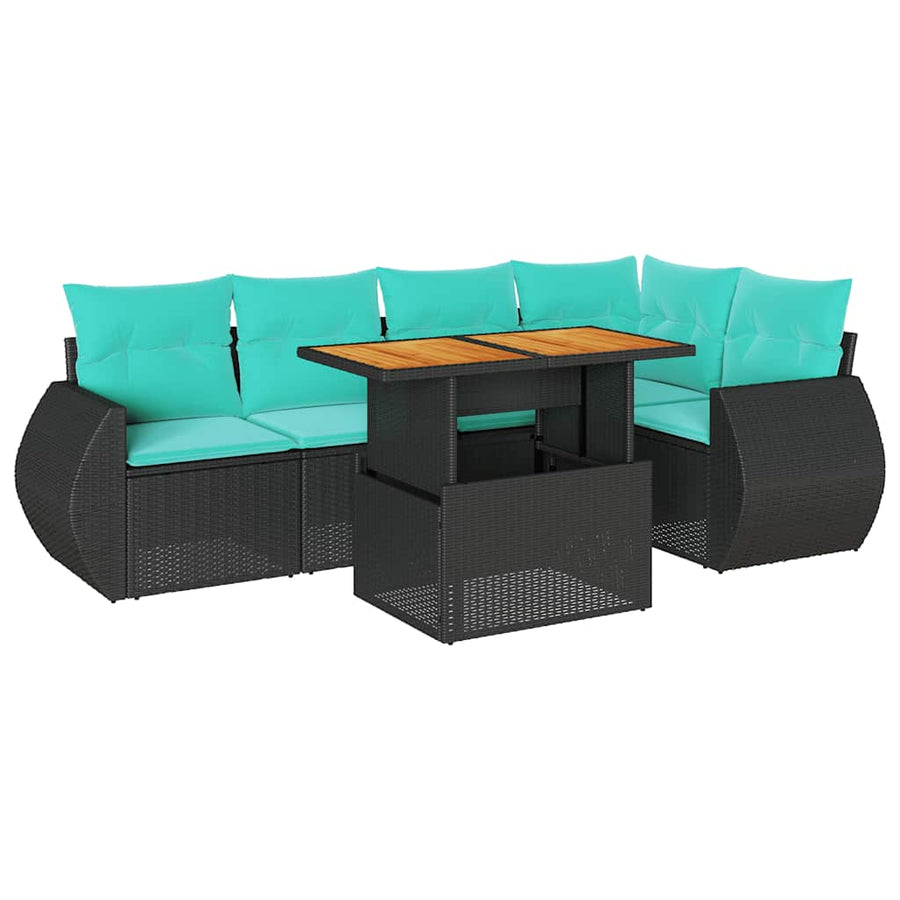 6-delige Loungeset met kussens poly rattan zwart
