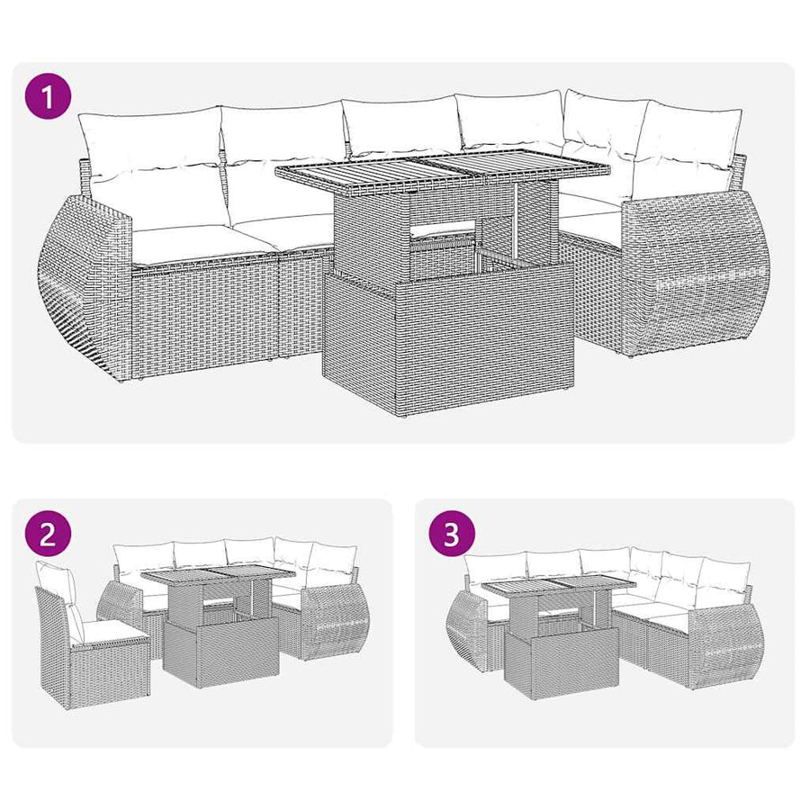 6-delige Loungeset met kussens poly rattan zwart