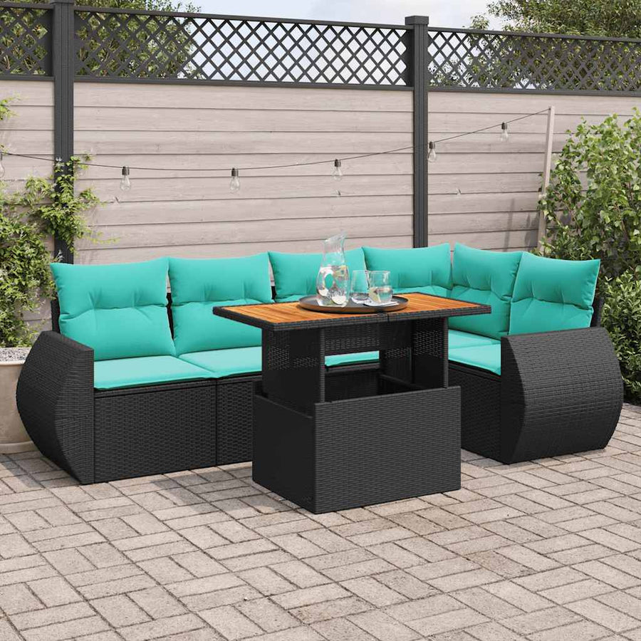 6-delige Loungeset met kussens poly rattan zwart
