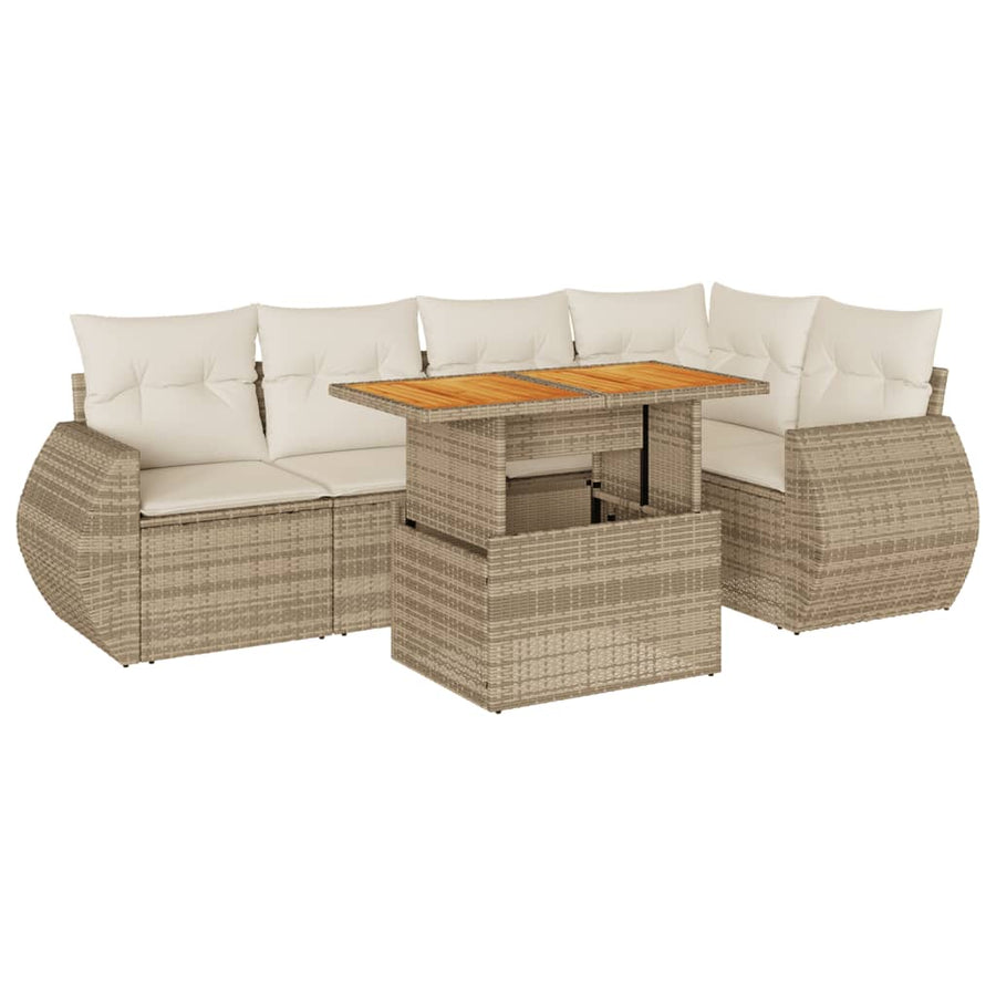 6-delige Loungeset met kussens poly rattan beige