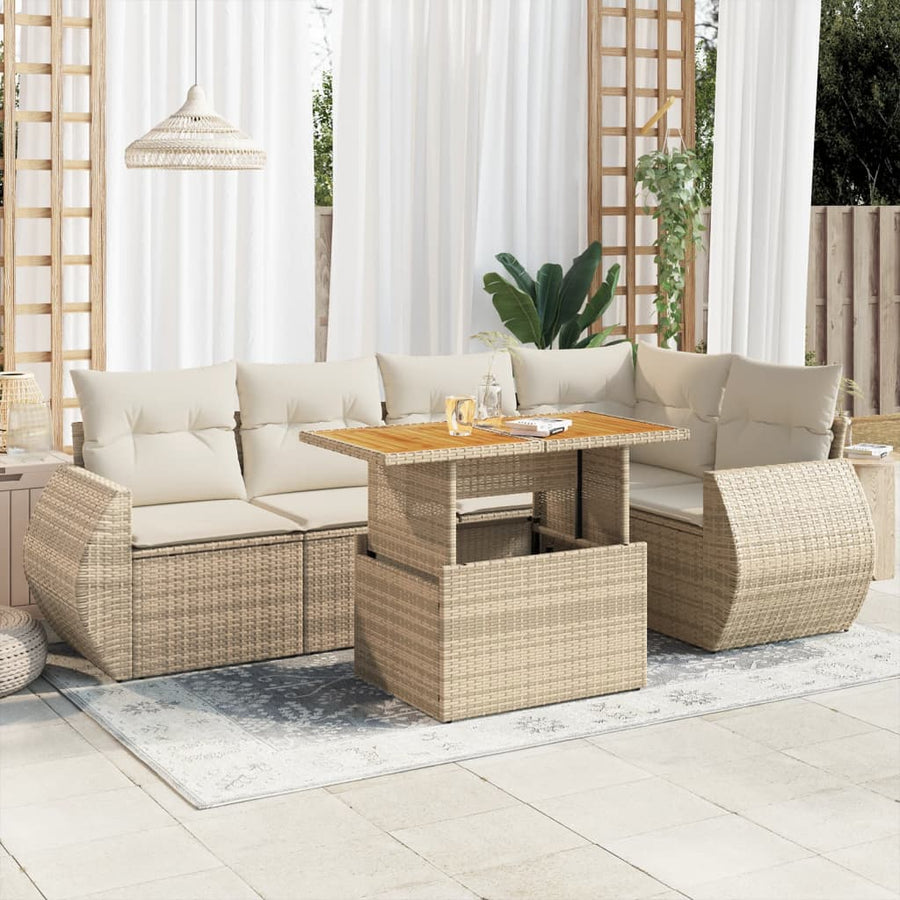 6-delige Loungeset met kussens poly rattan beige
