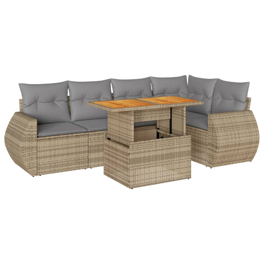 6-delige Loungeset met kussens poly rattan beige