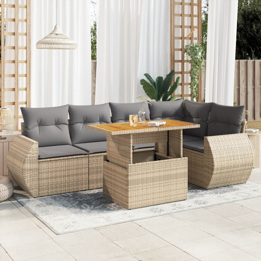 6-delige Loungeset met kussens poly rattan beige