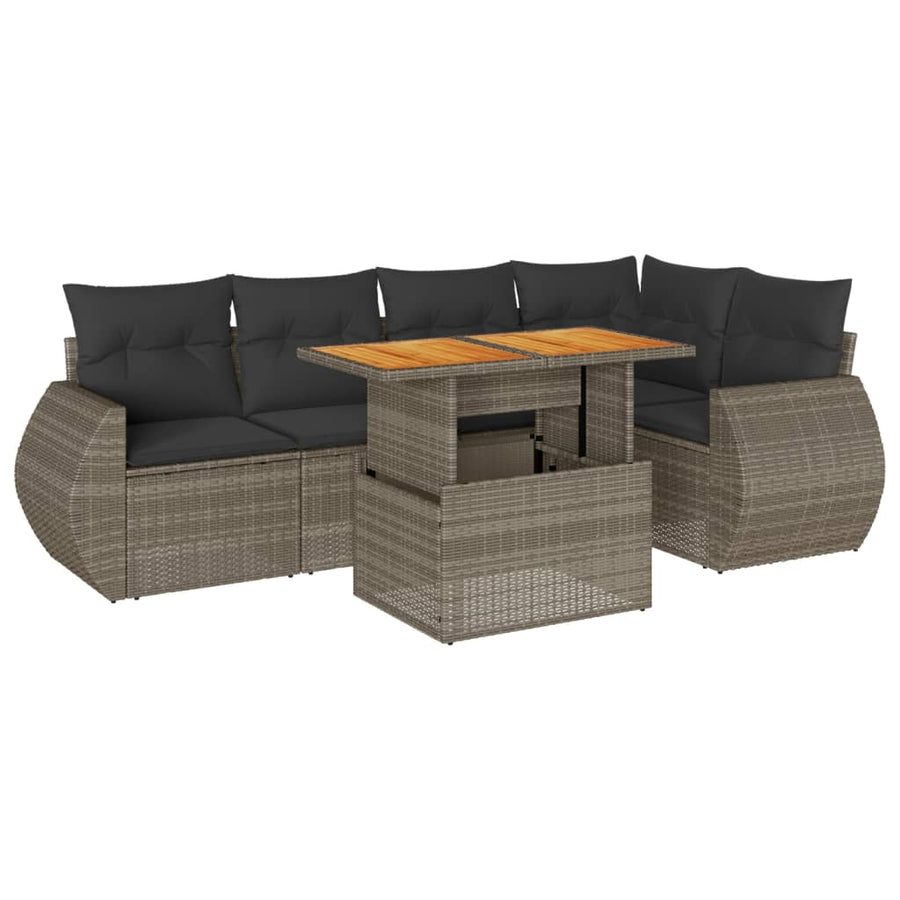 6-delige Loungeset met kussens poly rattan grijs