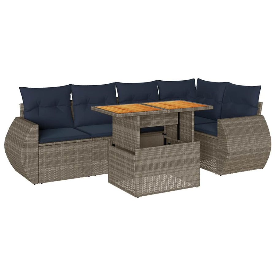 6-delige Loungeset met kussens poly rattan grijs