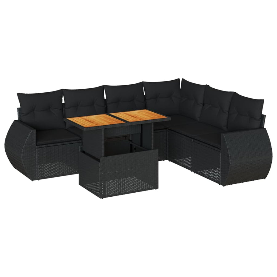 7-delige Loungeset met kussens poly rattan zwart