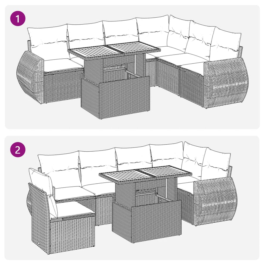 7-delige Loungeset met kussens poly rattan zwart