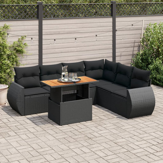 7-delige Loungeset met kussens poly rattan zwart