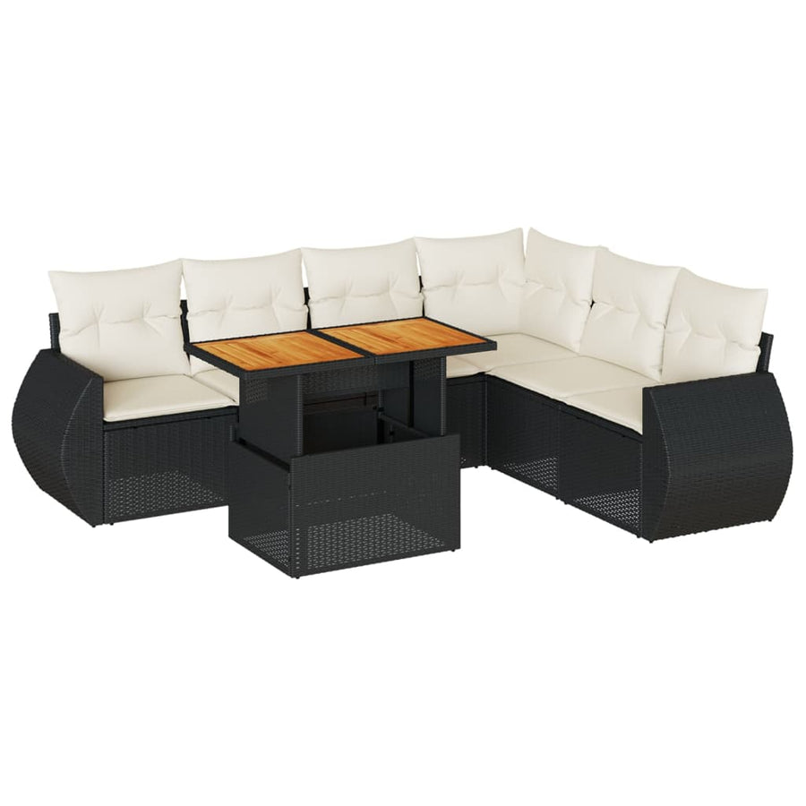 7-delige Loungeset met kussens poly rattan zwart