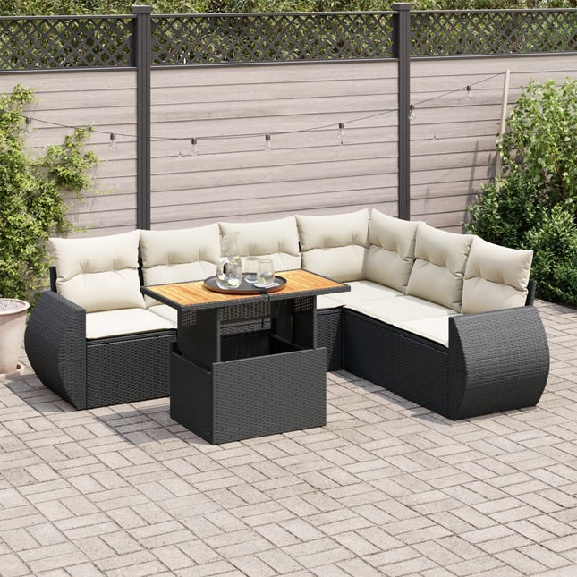 7-delige Loungeset met kussens poly rattan zwart