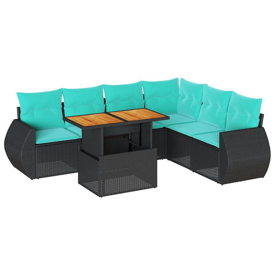 7-delige Loungeset met kussens poly rattan zwart