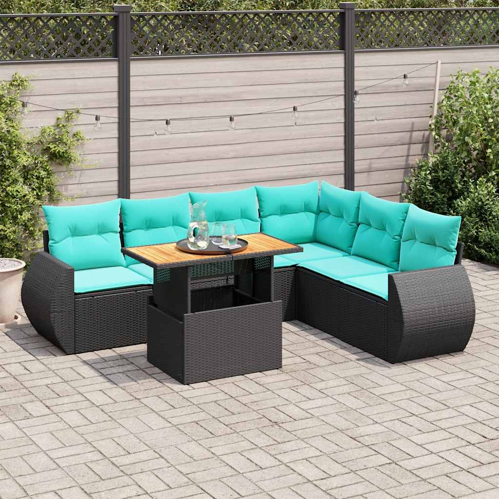 7-delige Loungeset met kussens poly rattan zwart