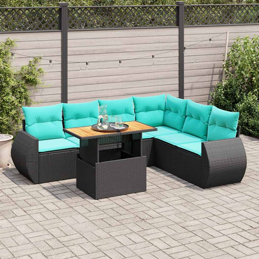 7-delige Loungeset met kussens poly rattan zwart