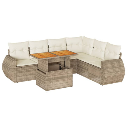 7-delige Loungeset met kussens poly rattan beige