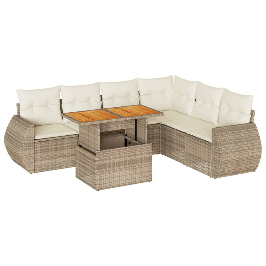 7-delige Loungeset met kussens poly rattan beige
