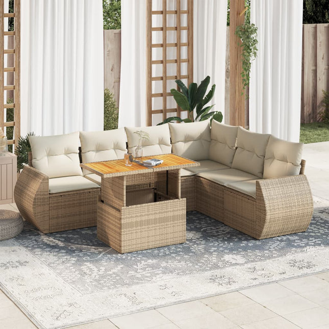 7-delige Loungeset met kussens poly rattan beige