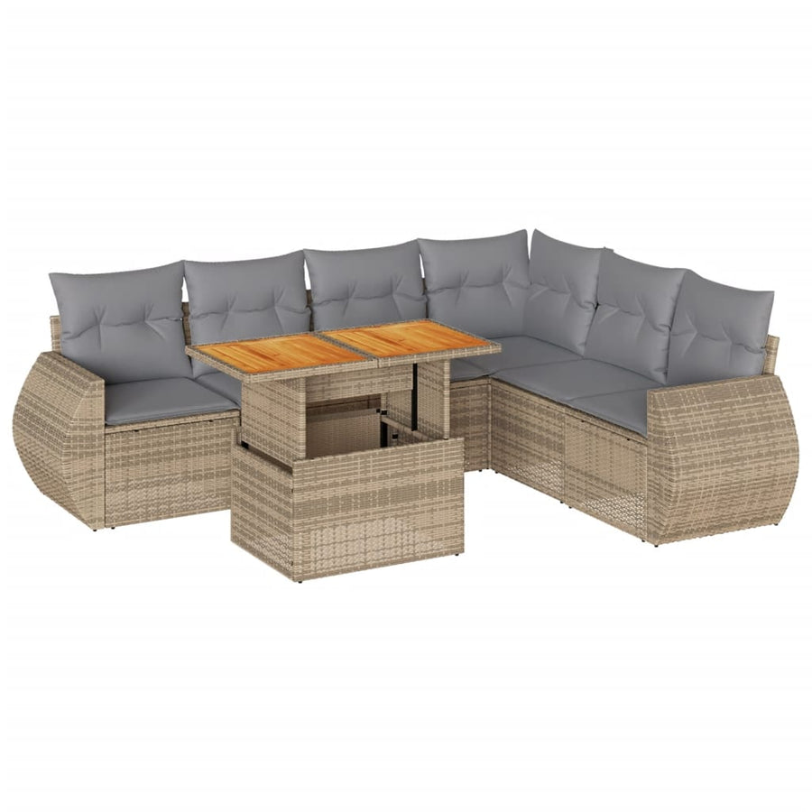 7-delige Loungeset met kussens poly rattan beige