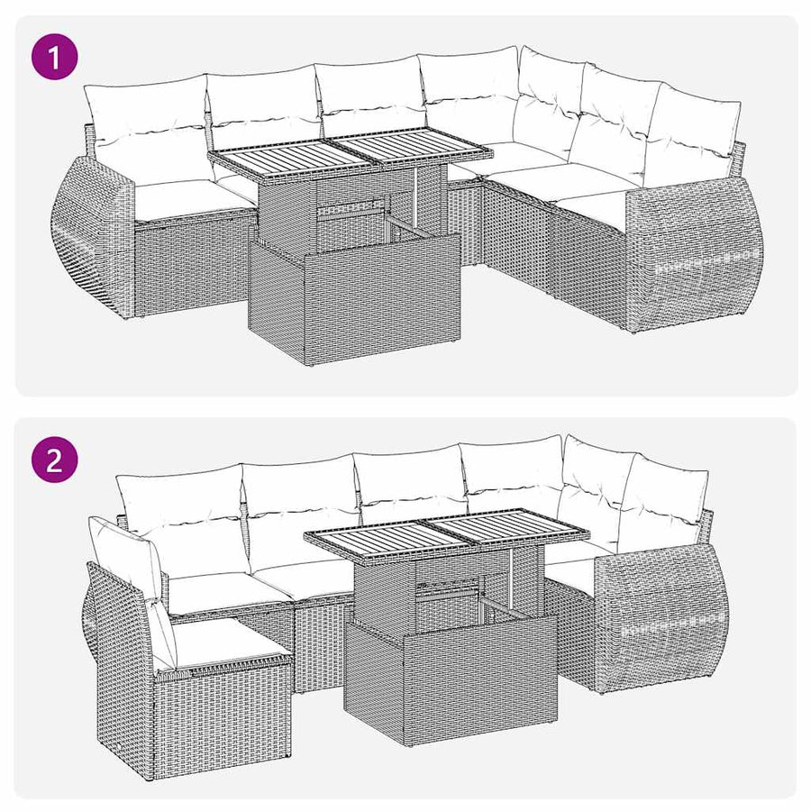 7-delige Loungeset met kussens poly rattan beige
