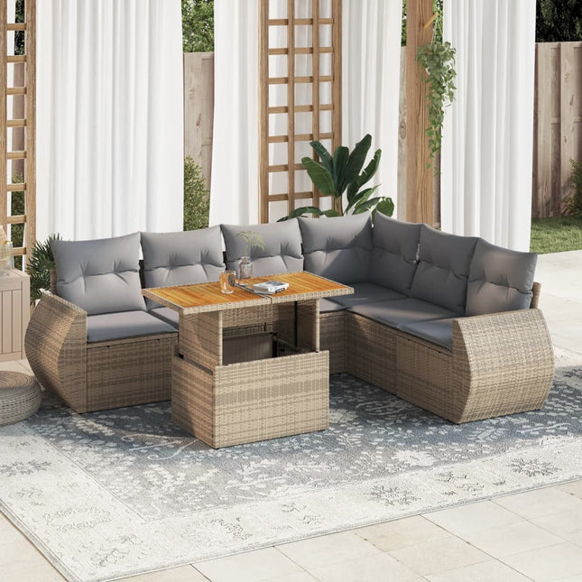 7-delige Loungeset met kussens poly rattan beige