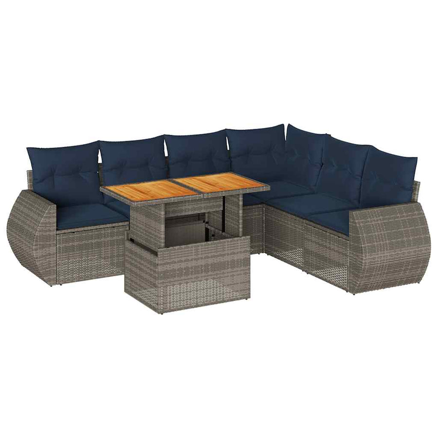 7-delige Loungeset met kussens poly rattan grijs
