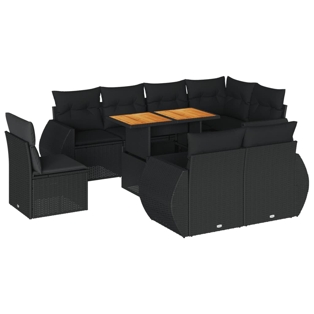 9-delige Loungeset met kussens poly rattan zwart