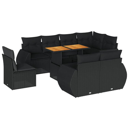 9-delige Loungeset met kussens poly rattan zwart