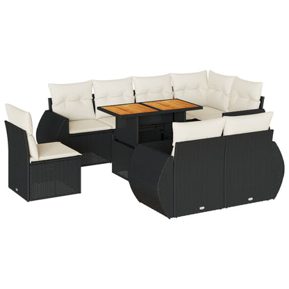 9-delige Loungeset met kussens poly rattan zwart