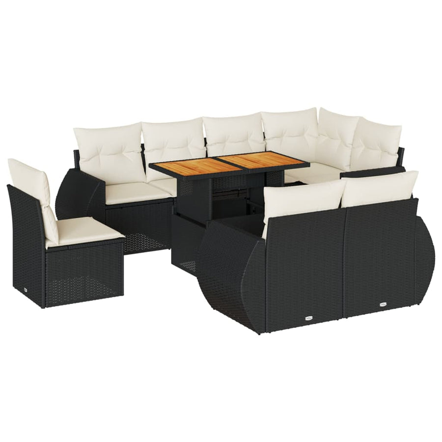 9-delige Loungeset met kussens poly rattan zwart