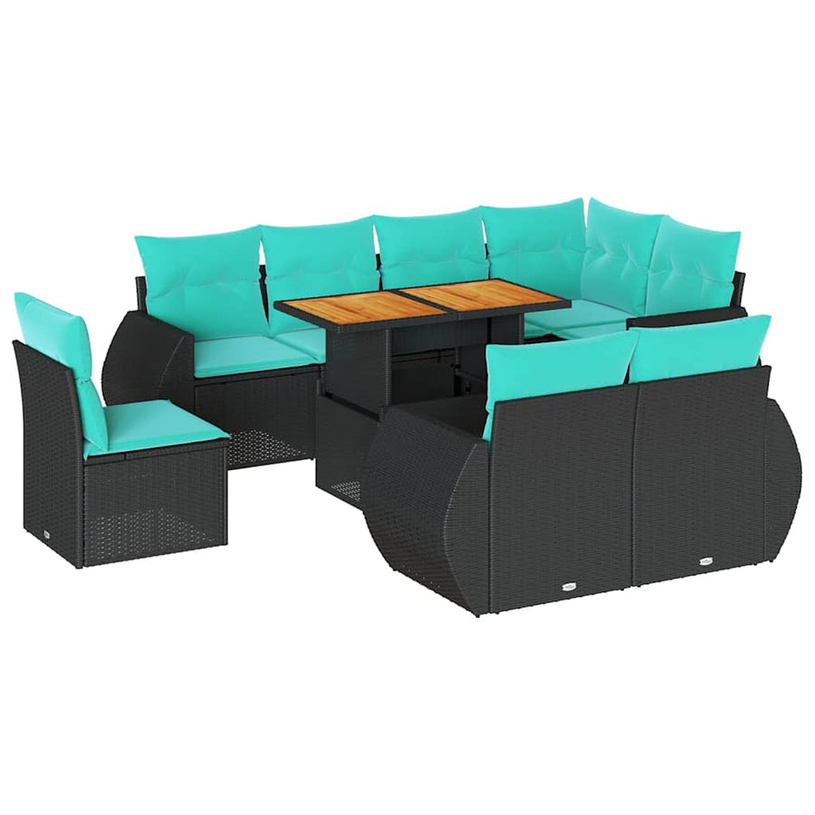 9-delige Loungeset met kussens poly rattan zwart