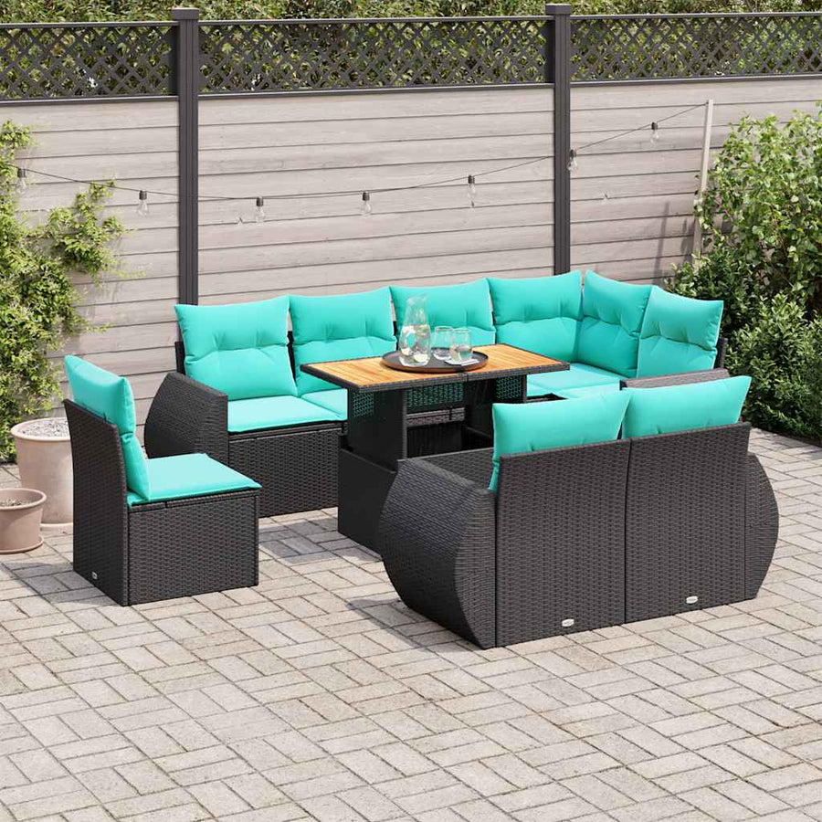 9-delige Loungeset met kussens poly rattan zwart