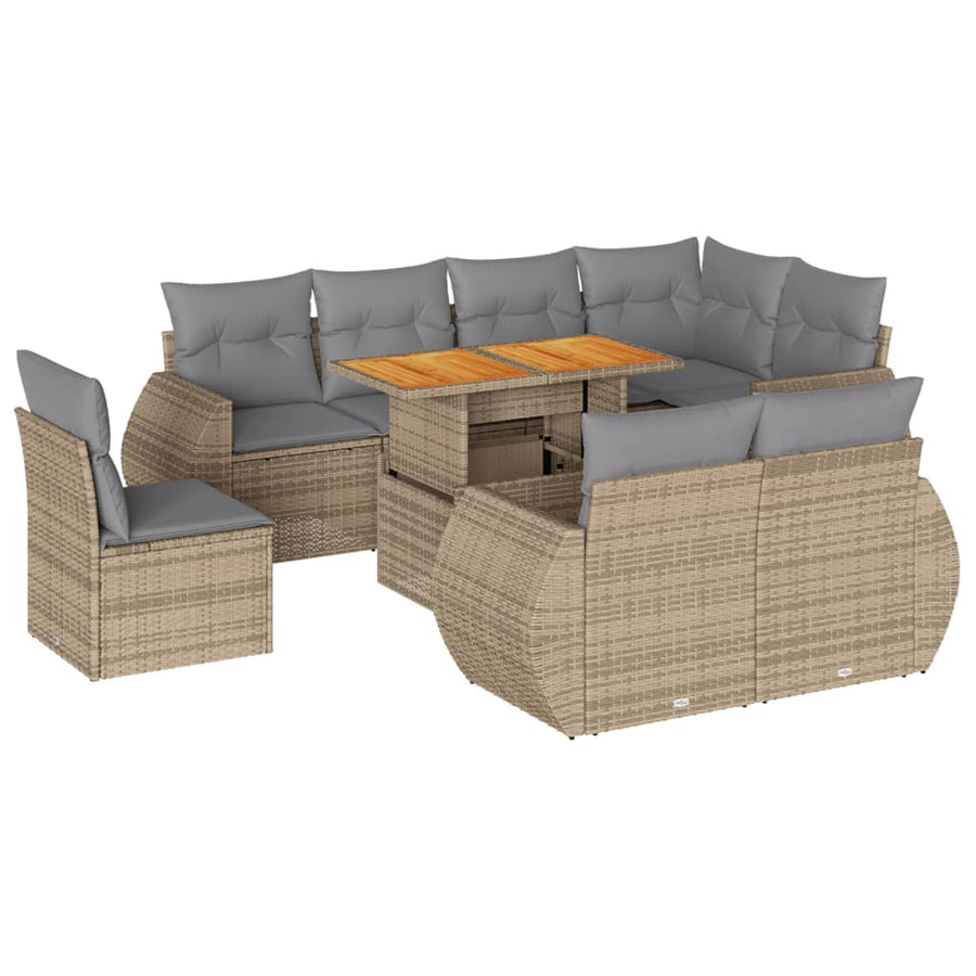 9-delige Loungeset met kussens poly rattan beige