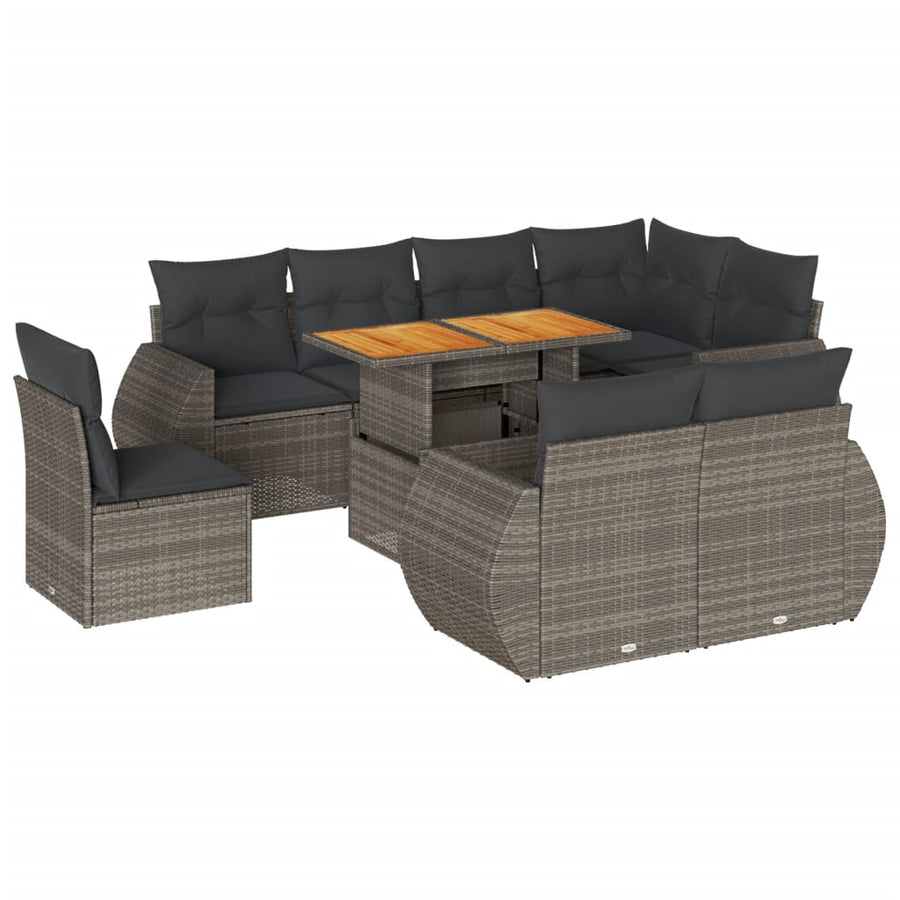 9-delige Loungeset met kussens poly rattan grijs
