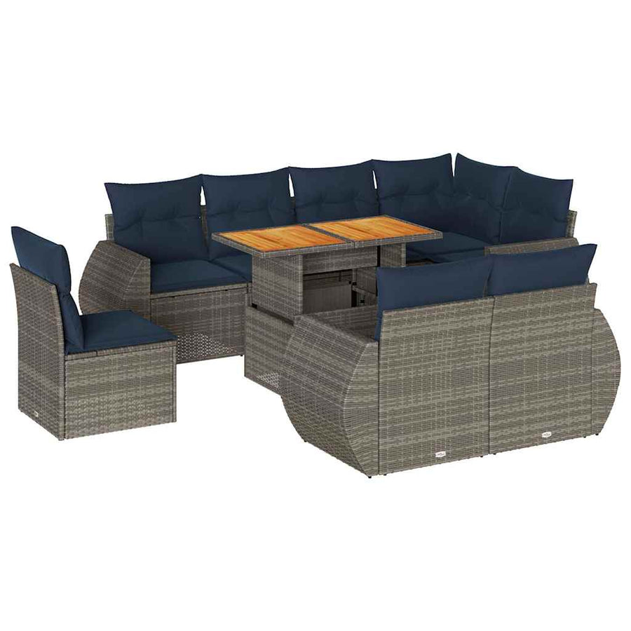 9-delige Loungeset met kussens poly rattan grijs