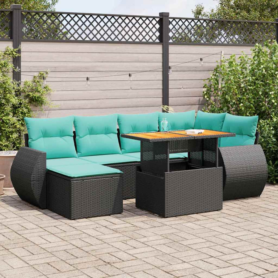 7-delige Loungeset met kussens poly rattan zwart