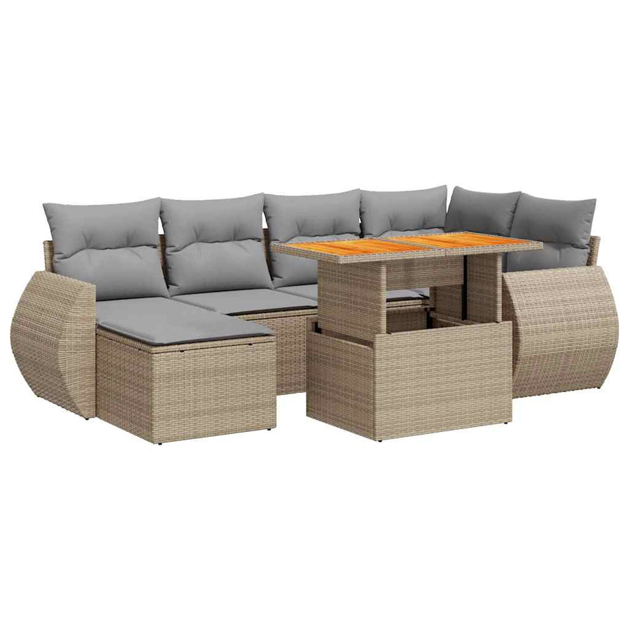 7-delige Loungeset met kussens poly rattan beige
