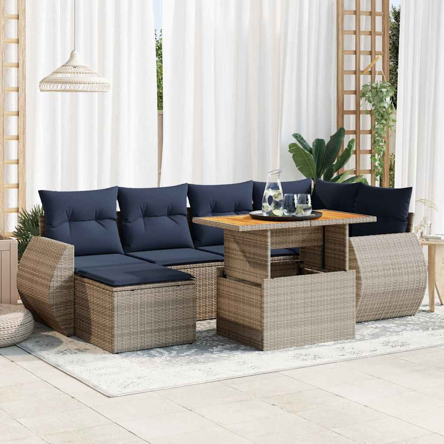 7-delige Loungeset met kussens poly rattan grijs
