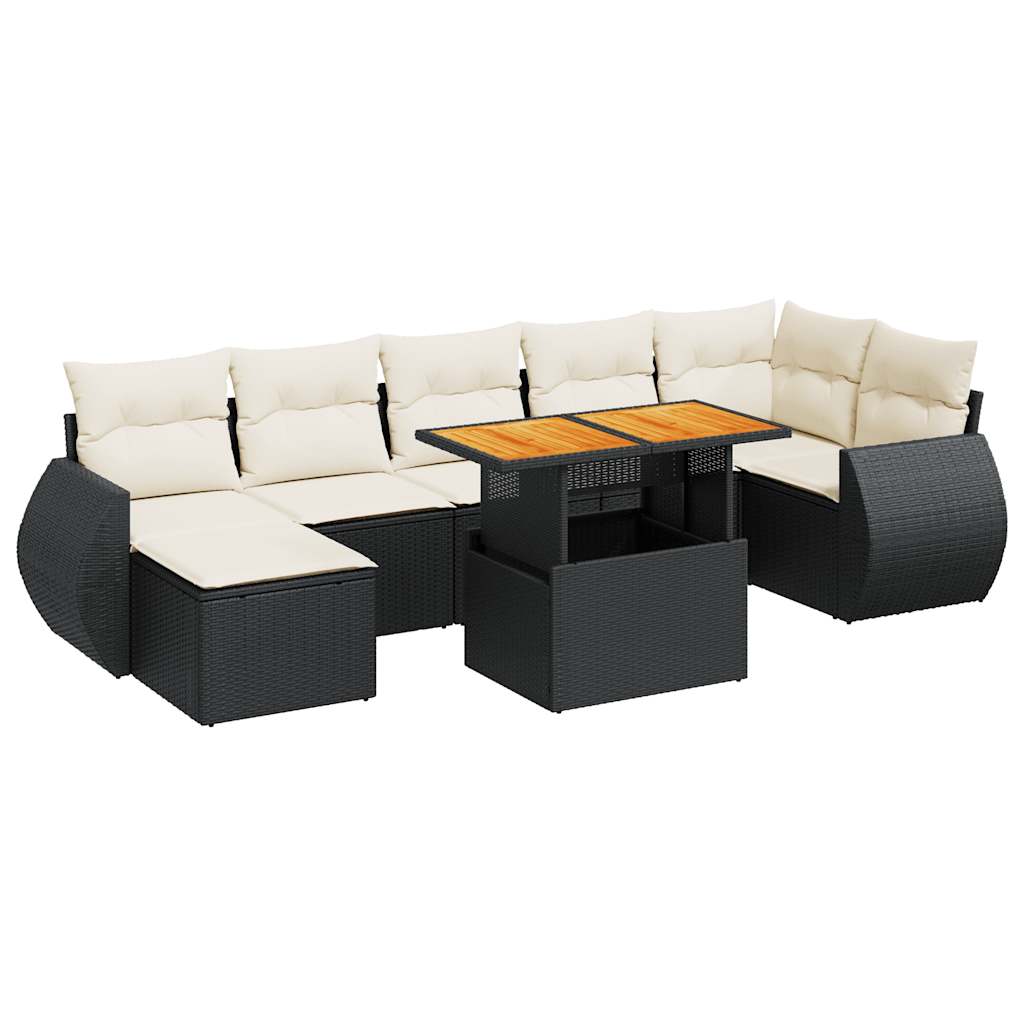 8-delige Loungeset met kussens poly rattan zwart