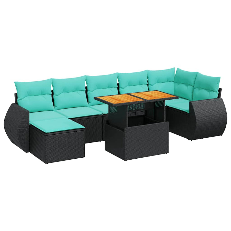 8-delige Loungeset met kussens poly rattan zwart