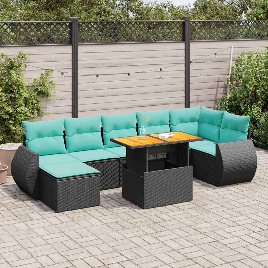 8-delige Loungeset met kussens poly rattan zwart