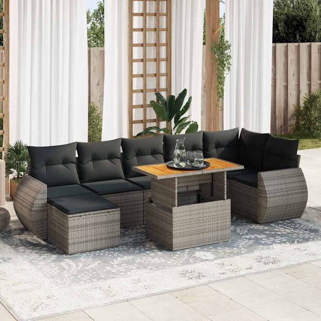 8-delige Loungeset met kussens poly rattan grijs