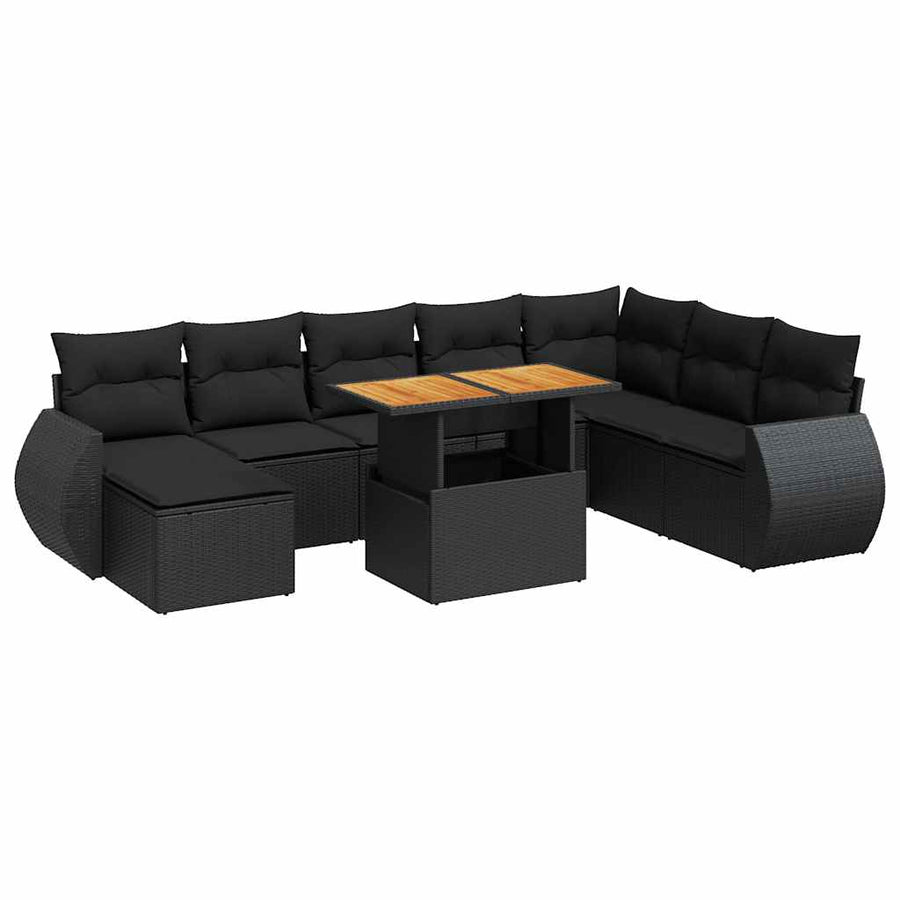 9-delige Loungeset met kussens poly rattan zwart