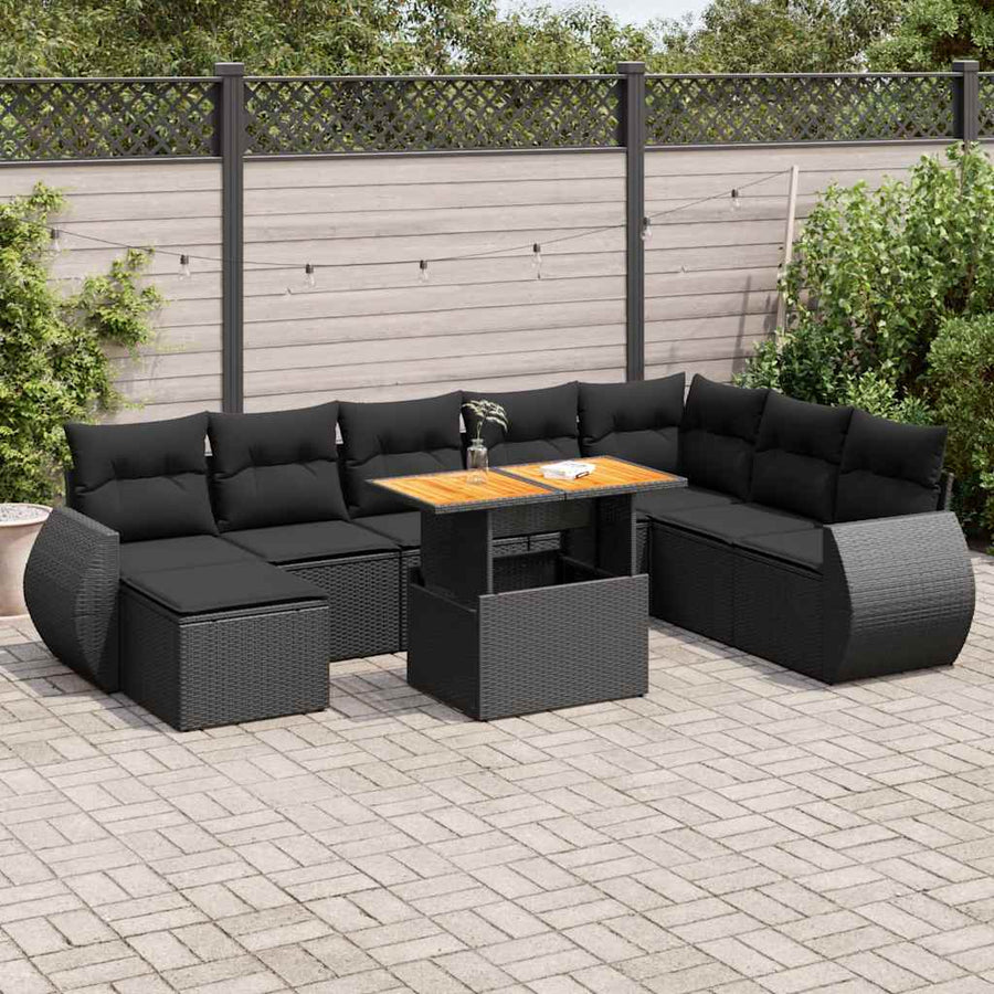 9-delige Loungeset met kussens poly rattan zwart