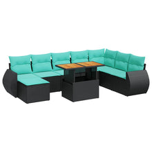 9-delige Loungeset met kussens poly rattan zwart
